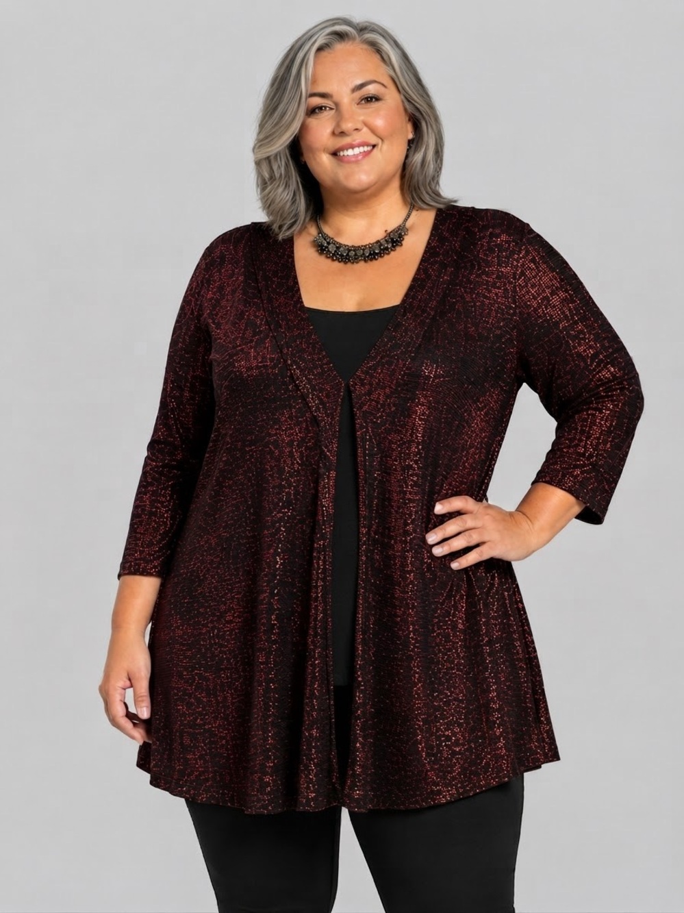 PENNINGTONS Black and Red Metallic Sparkle Long Sleeve Blouse 1X